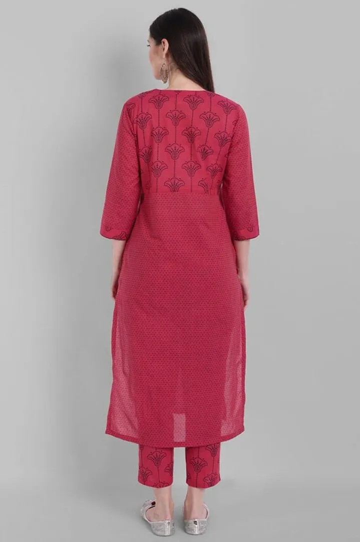 Hot Pink Rangoli Cotton Kurta Pants Set