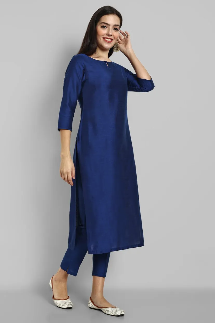 Ink Blue Cotton silk Boat Neck Kurta