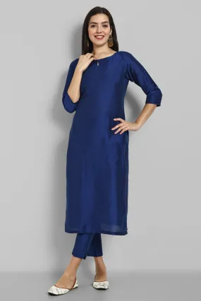 Ink Blue Cotton silk Boat Neck Kurta