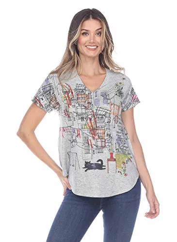 Inoah - Hometown, Short Sleeve, V-Neck Contemporary Fashion A-Line Top