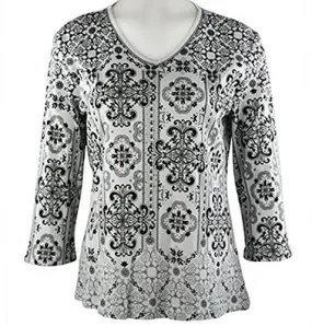 Jess & Jane - Vertical, 3/4 Sleeve V-Neck, Rhinestone Accents Cotton Print Top