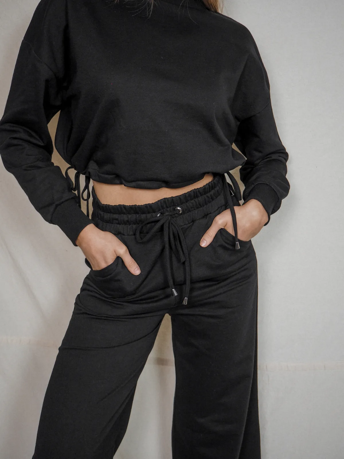 Kylie Black Cropped Tie Sweatshirt