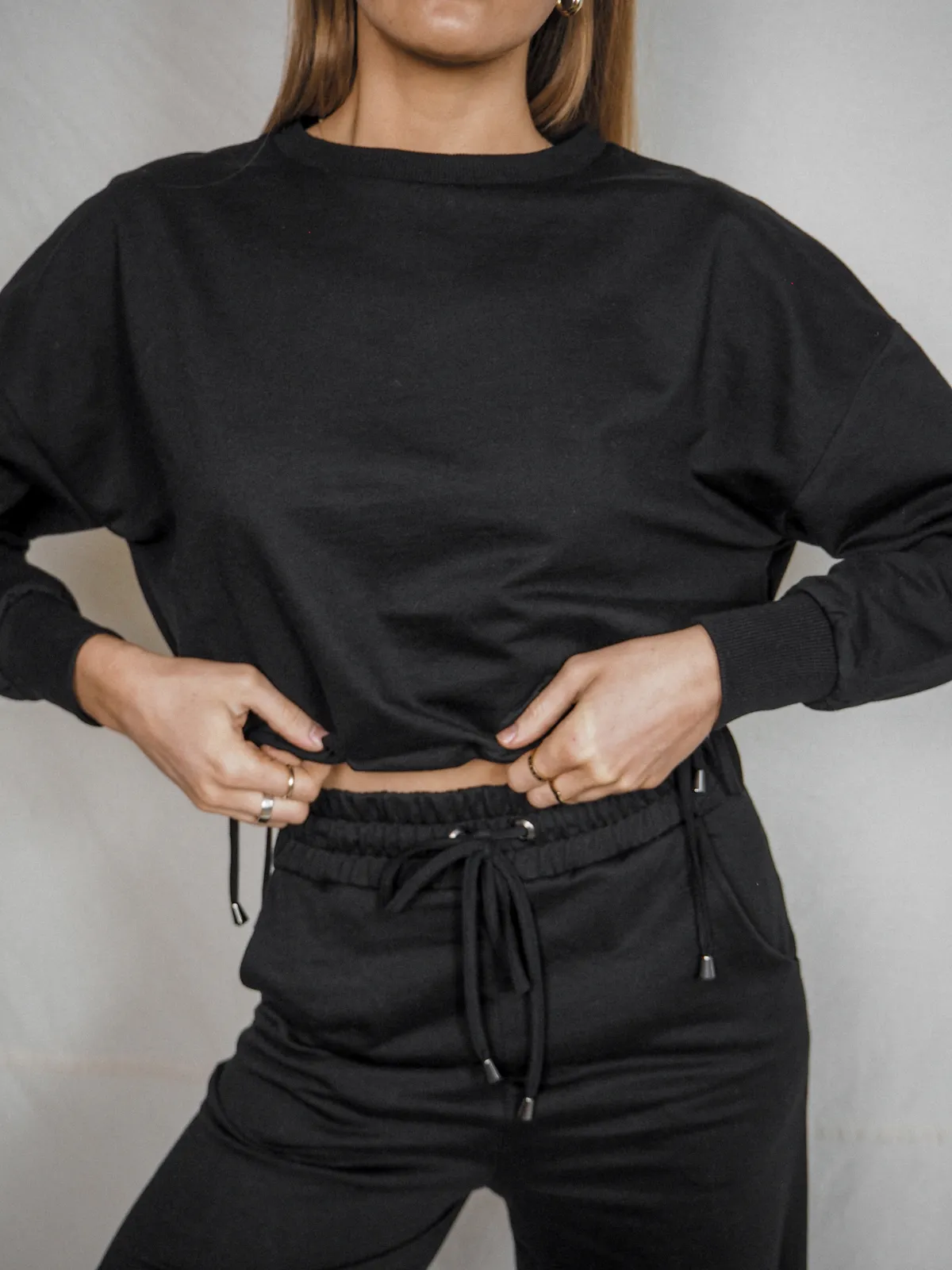 Kylie Black Cropped Tie Sweatshirt