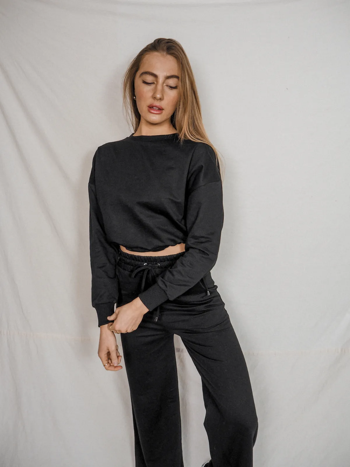 Kylie Black Cropped Tie Sweatshirt