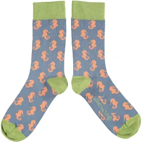 Ladies Smoky Blue Seahorse Organic Cotton Ankle Socks