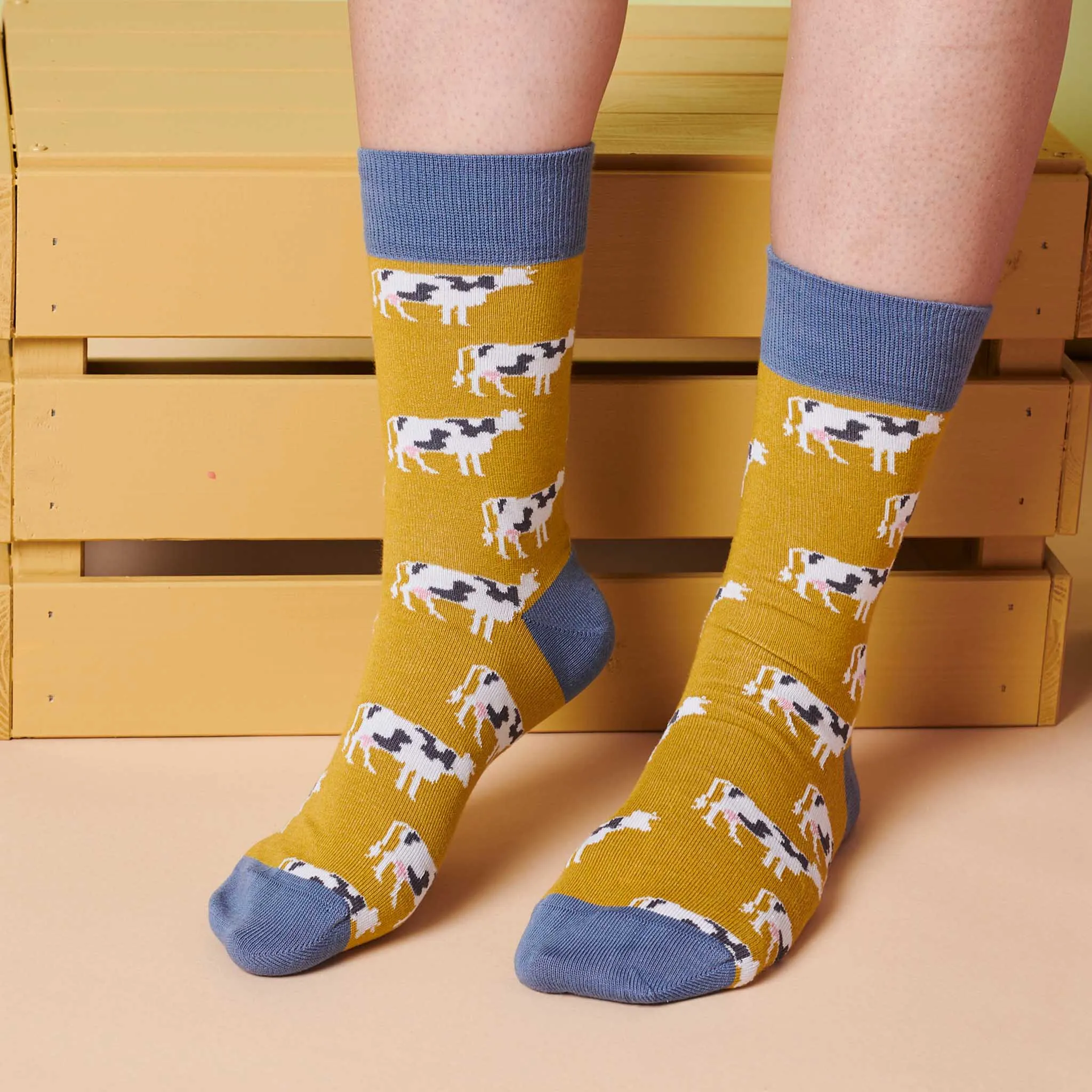 Ladies Yellow Cow Organic Cotton Ankle Socks