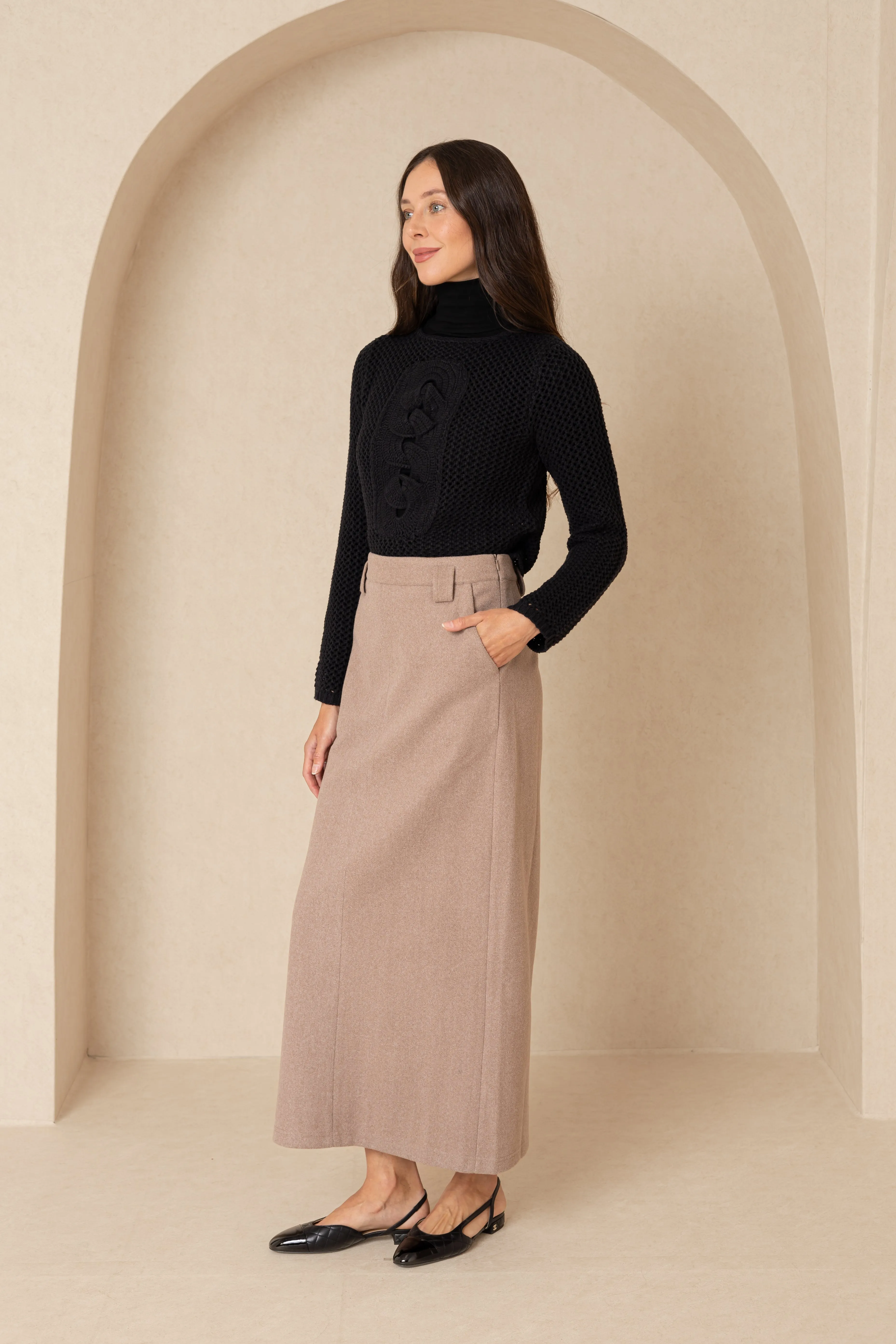 Light Brown Wool Everyday Maxi Skirt