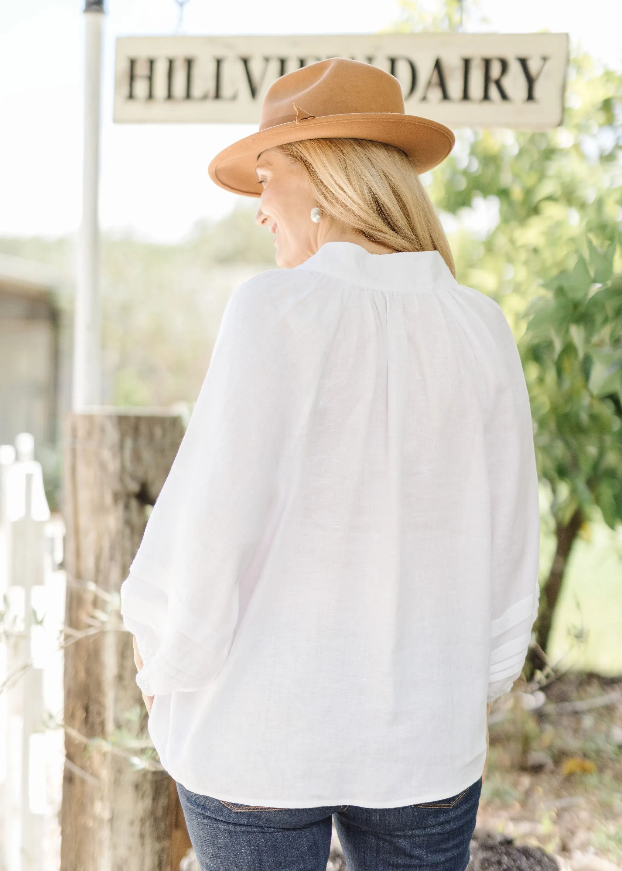 Linen Round Neck White Top