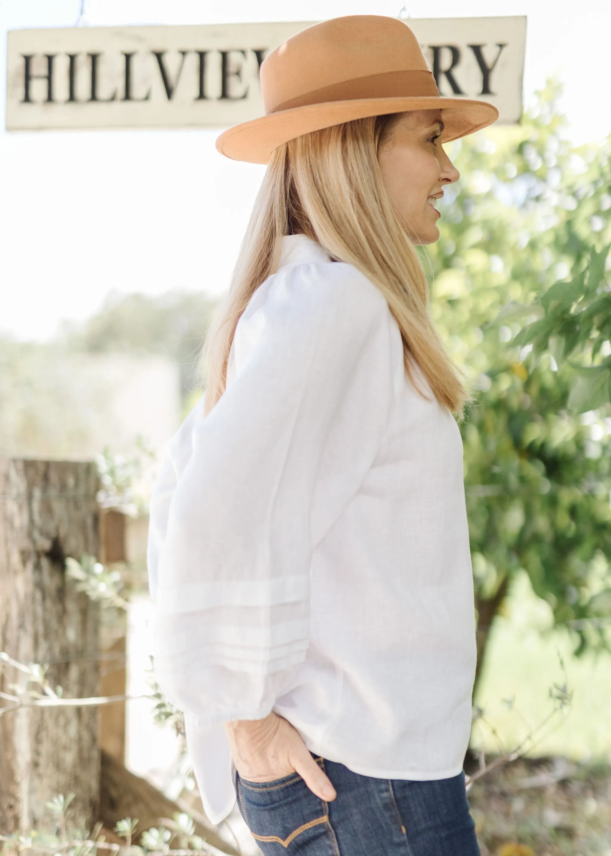 Linen Round Neck White Top