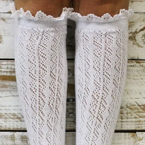 LOLITA lace tall  knee high boot socks - white