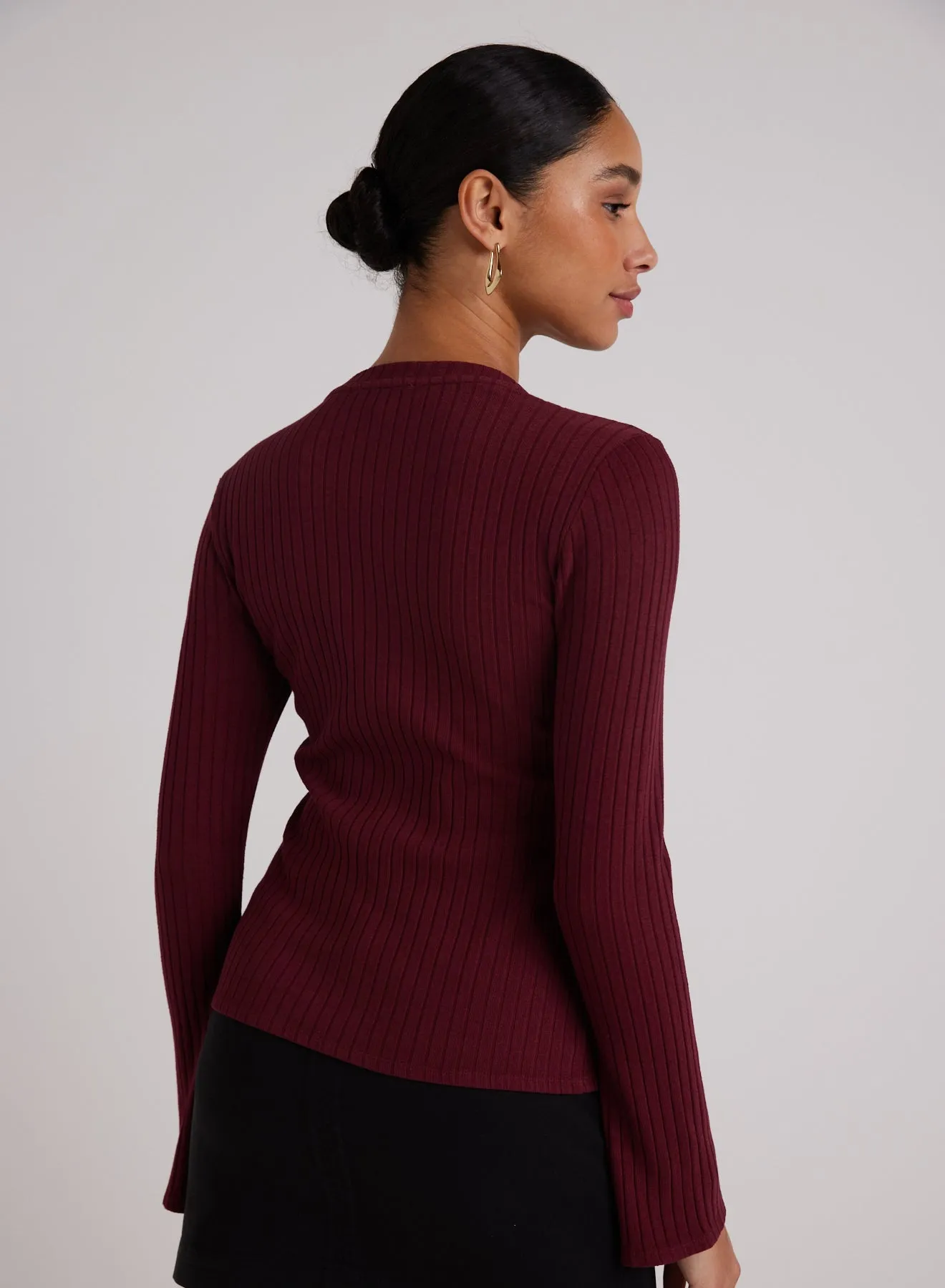 Long Bell Sleeve Rib Crew Tee - Sweet Merlot