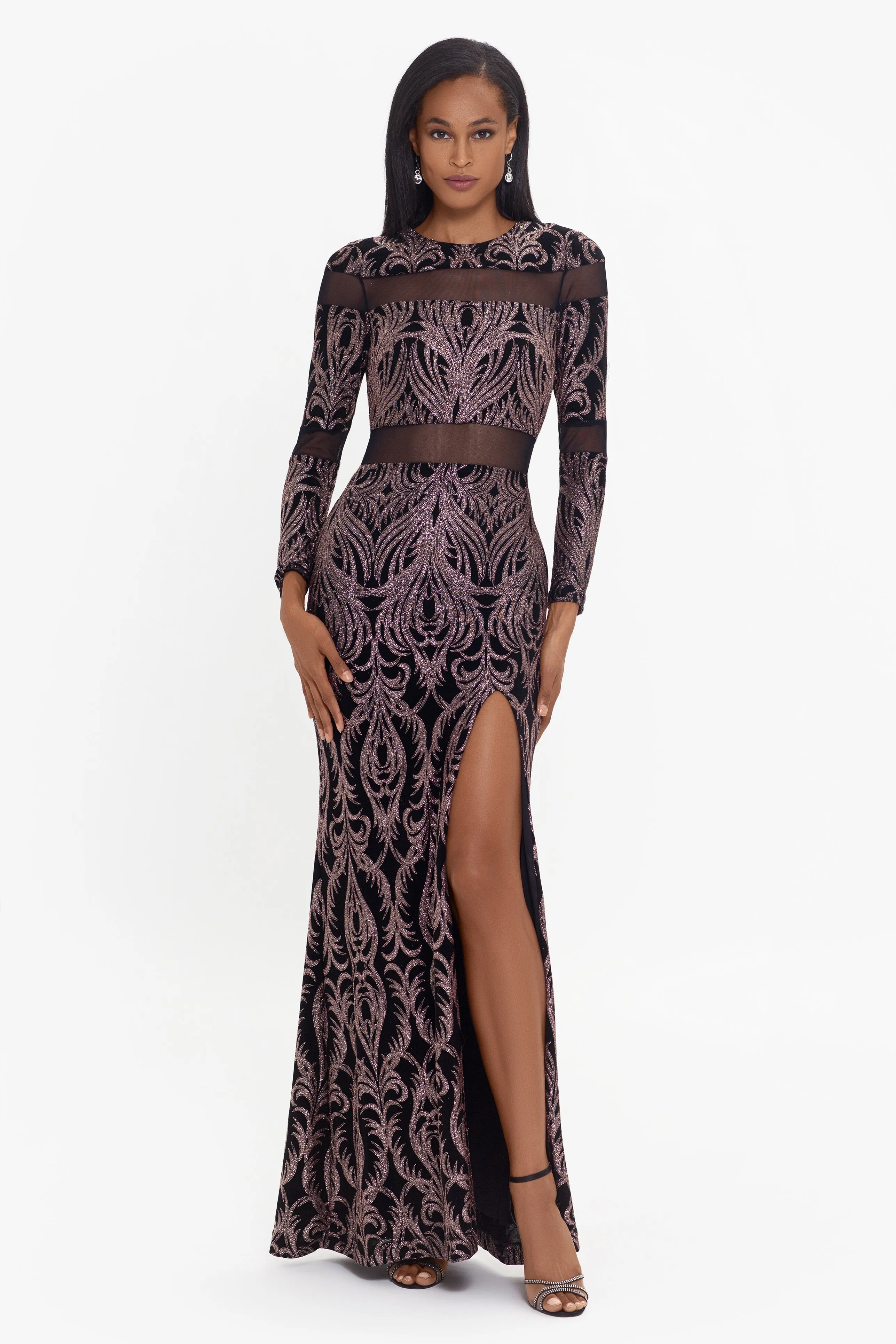 Long Sleeve Illusion Slinky Glitter Gown