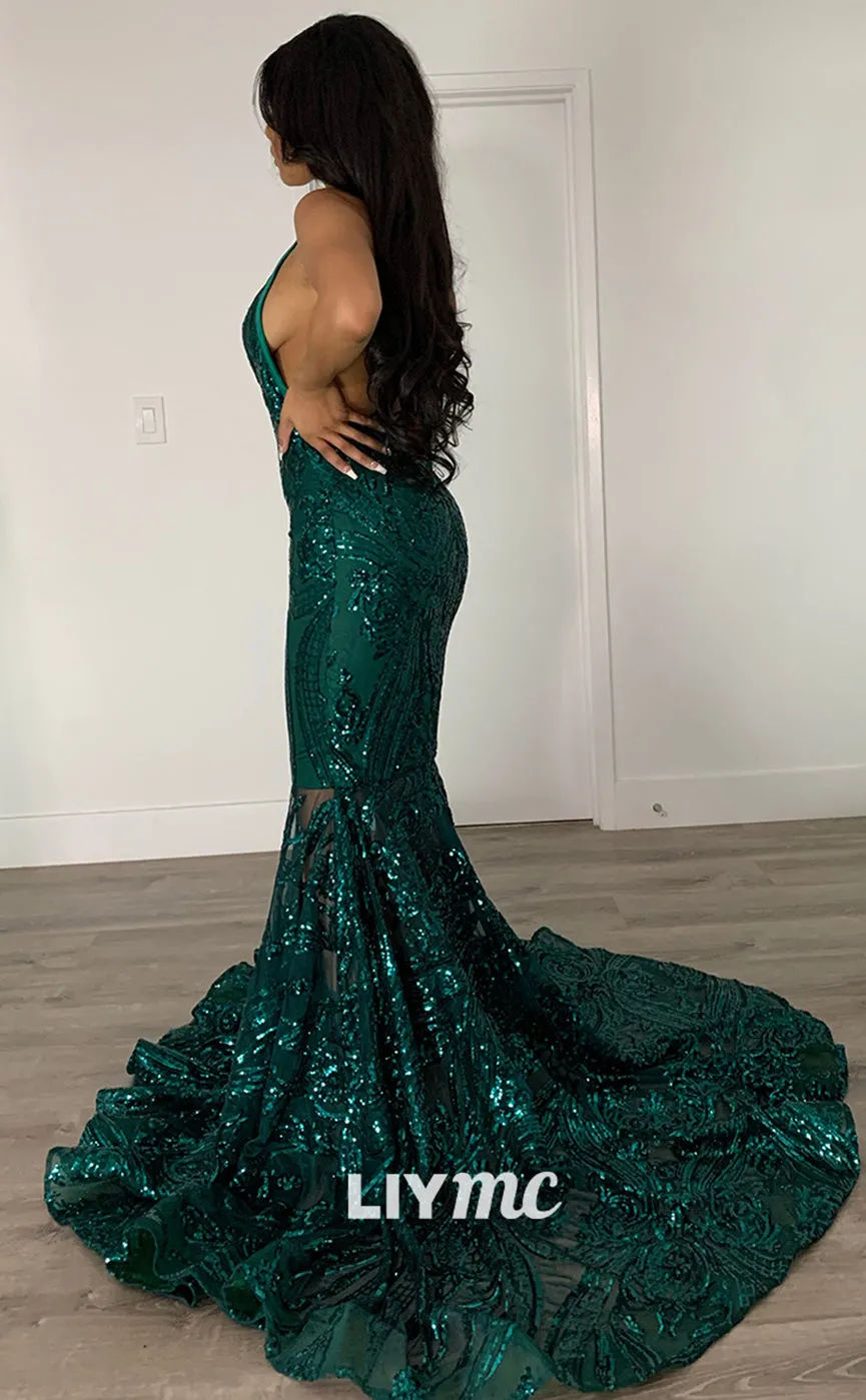 LP1276 -Halter V-Neck Sparkly Appliques Mermaid Prom Dresses for Black Girls Classy