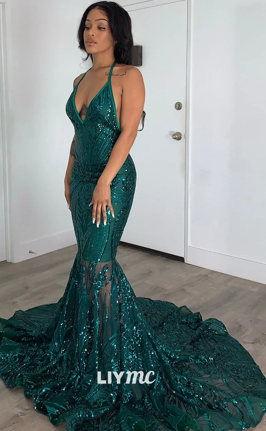 LP1276 -Halter V-Neck Sparkly Appliques Mermaid Prom Dresses for Black Girls Classy