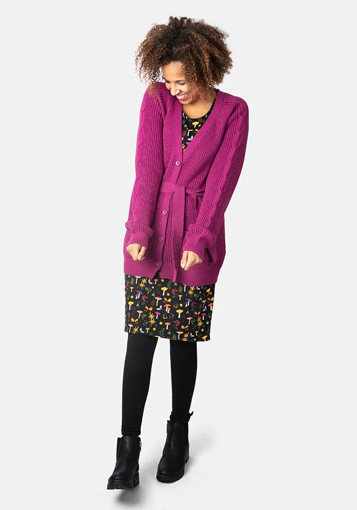 Magenta Long Line Cable Sleeve Cardigan