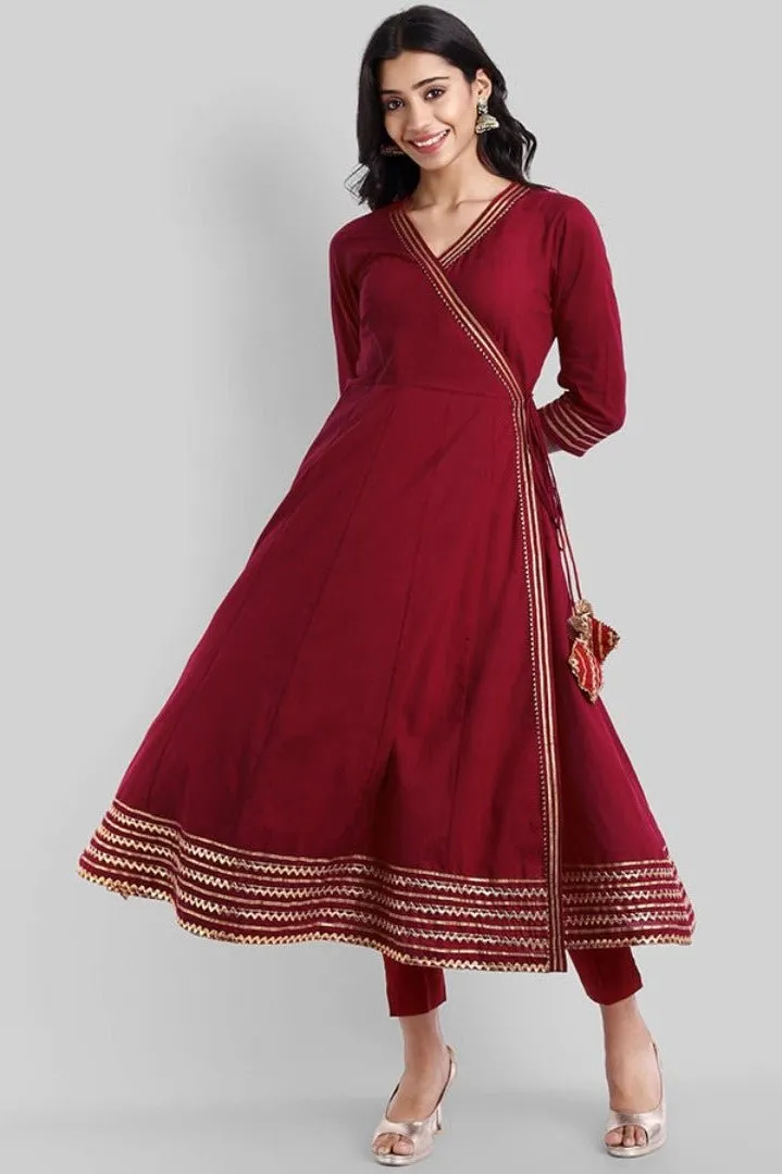 Maroon Gota Angarkha Kurta Pants Set