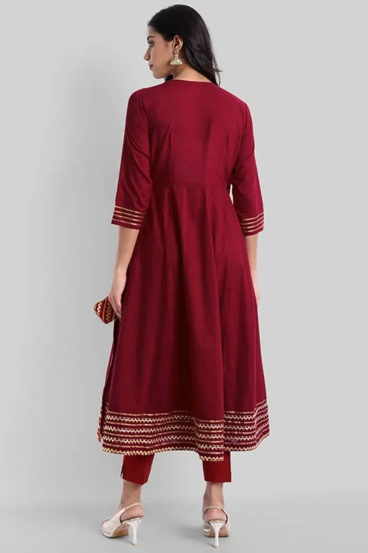 Maroon Gota Angarkha Kurta Pants Set