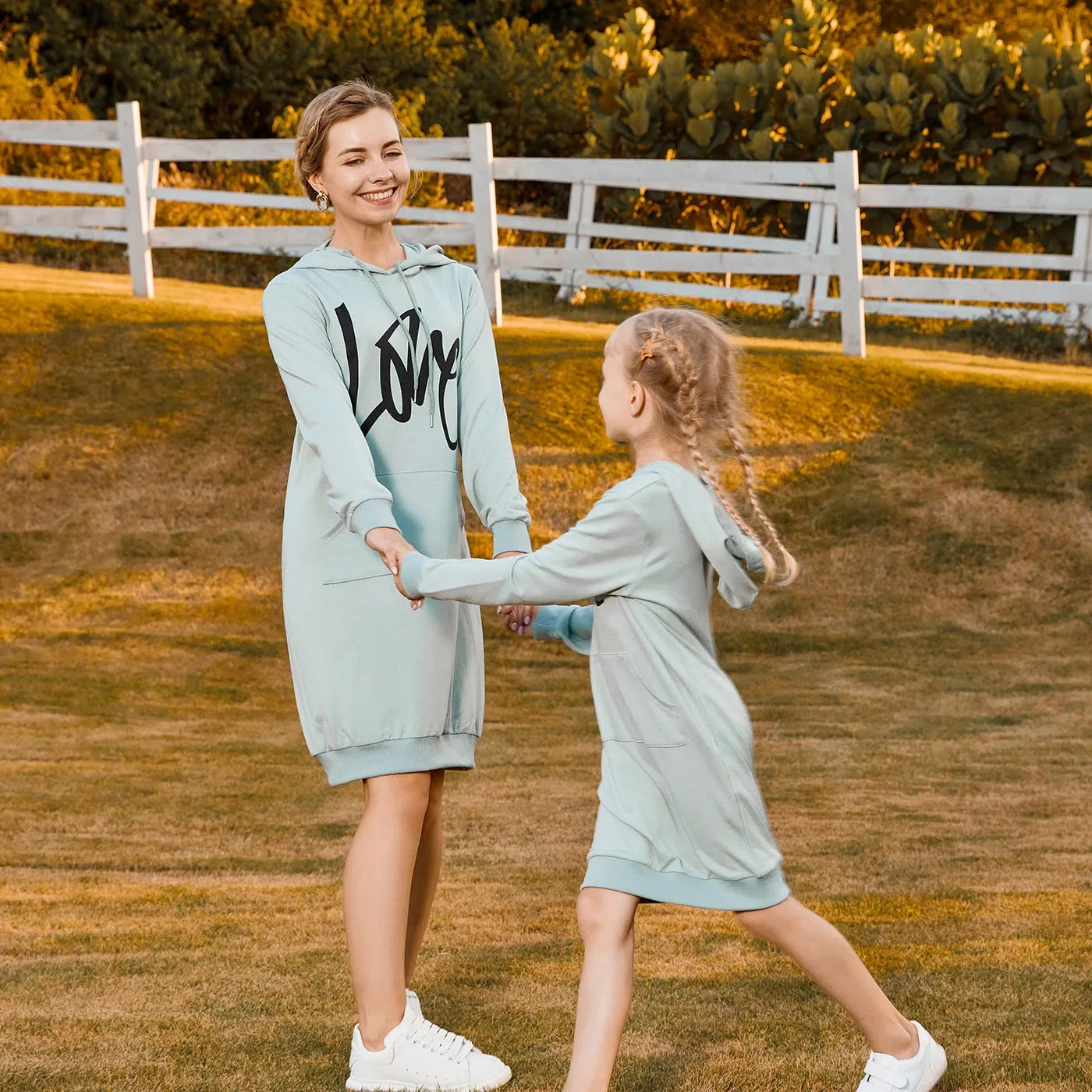 Matching Family Outfit - Green Dress with Hood and Long Sleeves Letter Print