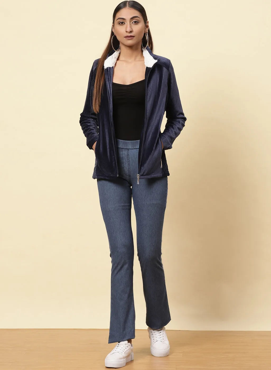 Midnight Blue Velvet Zipper Jacket