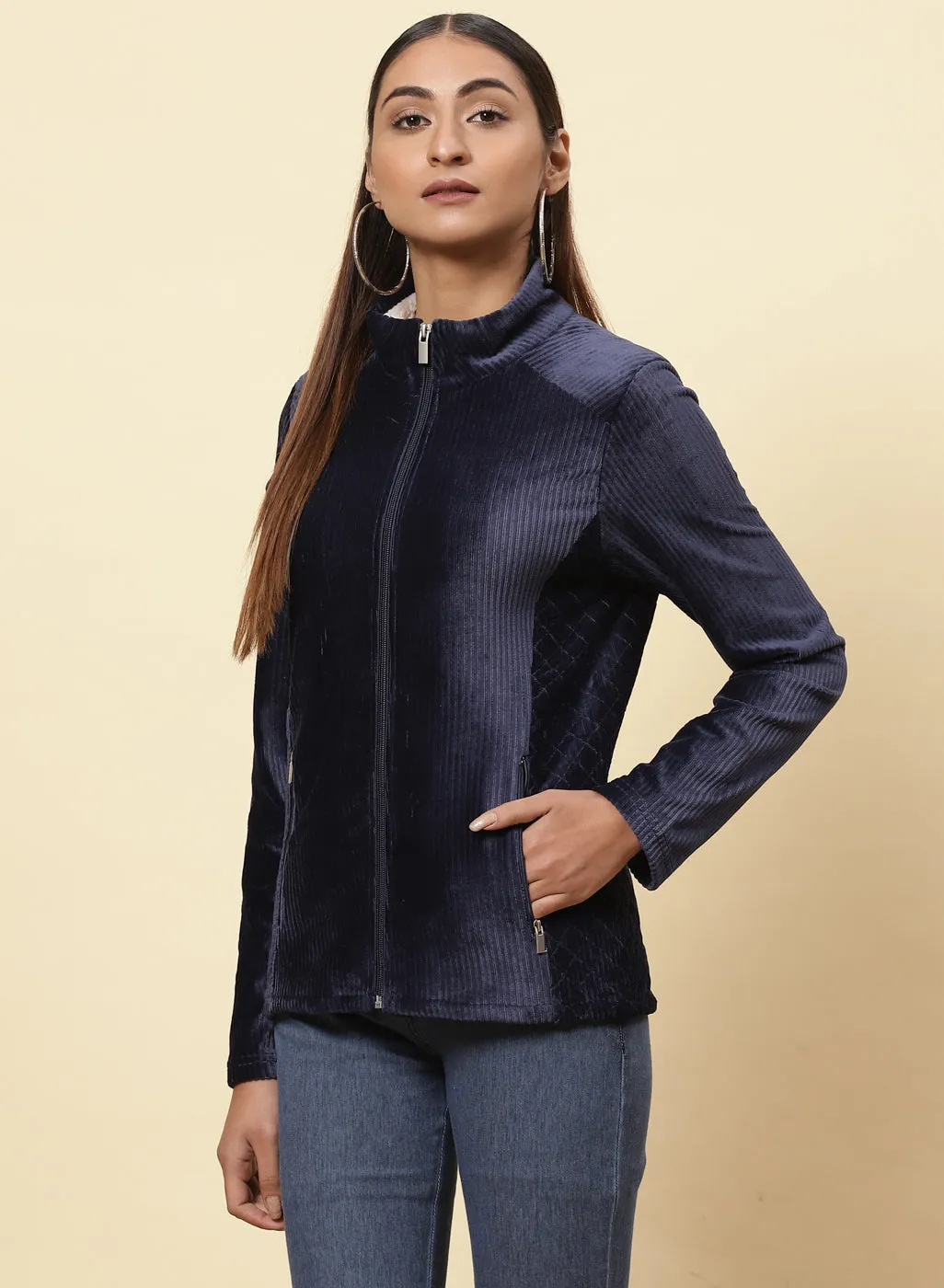 Midnight Blue Velvet Zipper Jacket