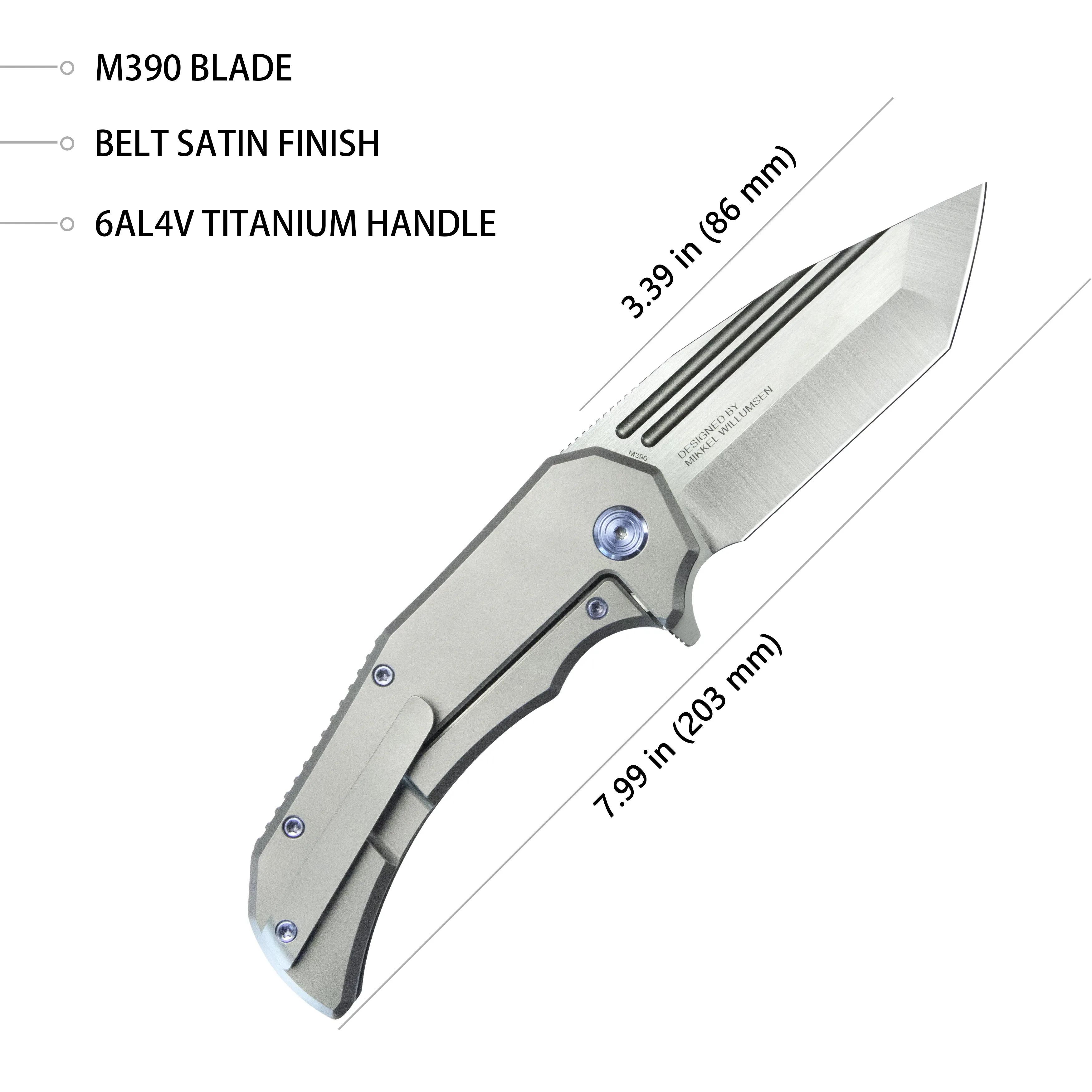 Mikkel Willumsen Design Bravo one Tanto Outdoor Folding Camping Knife Gray Ti Handle 3.39 Belt Satin Boher M390 KB366A