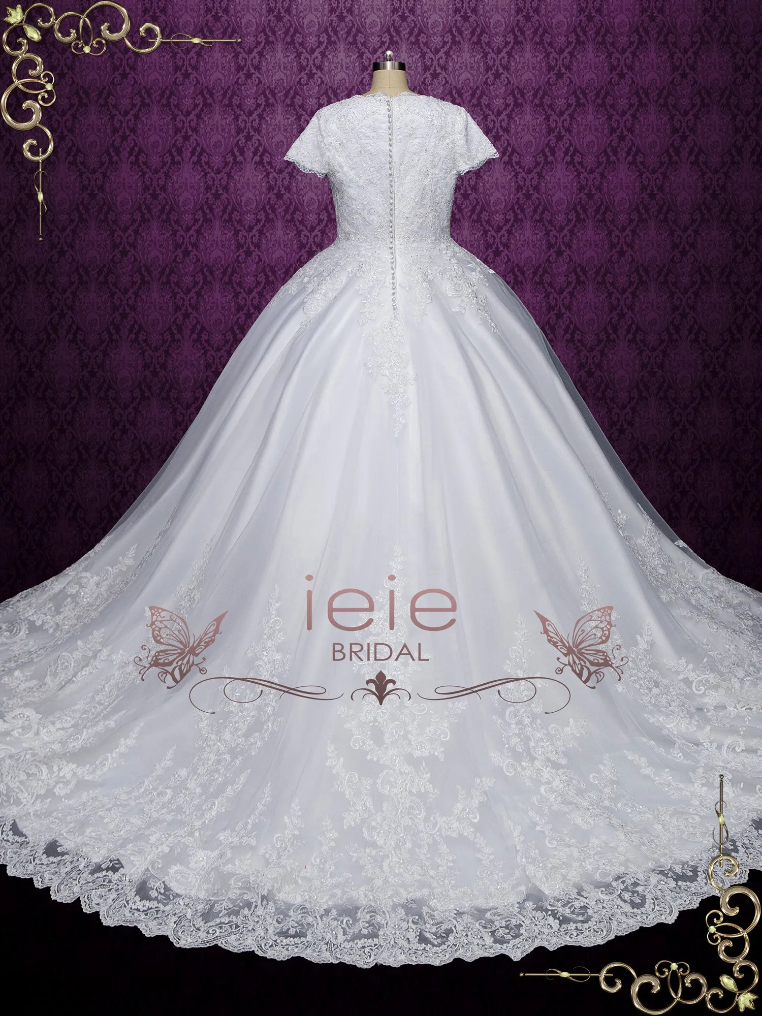 Modest Short Sleeves Lace Ball Gown Wedding Dress JOSEFINA