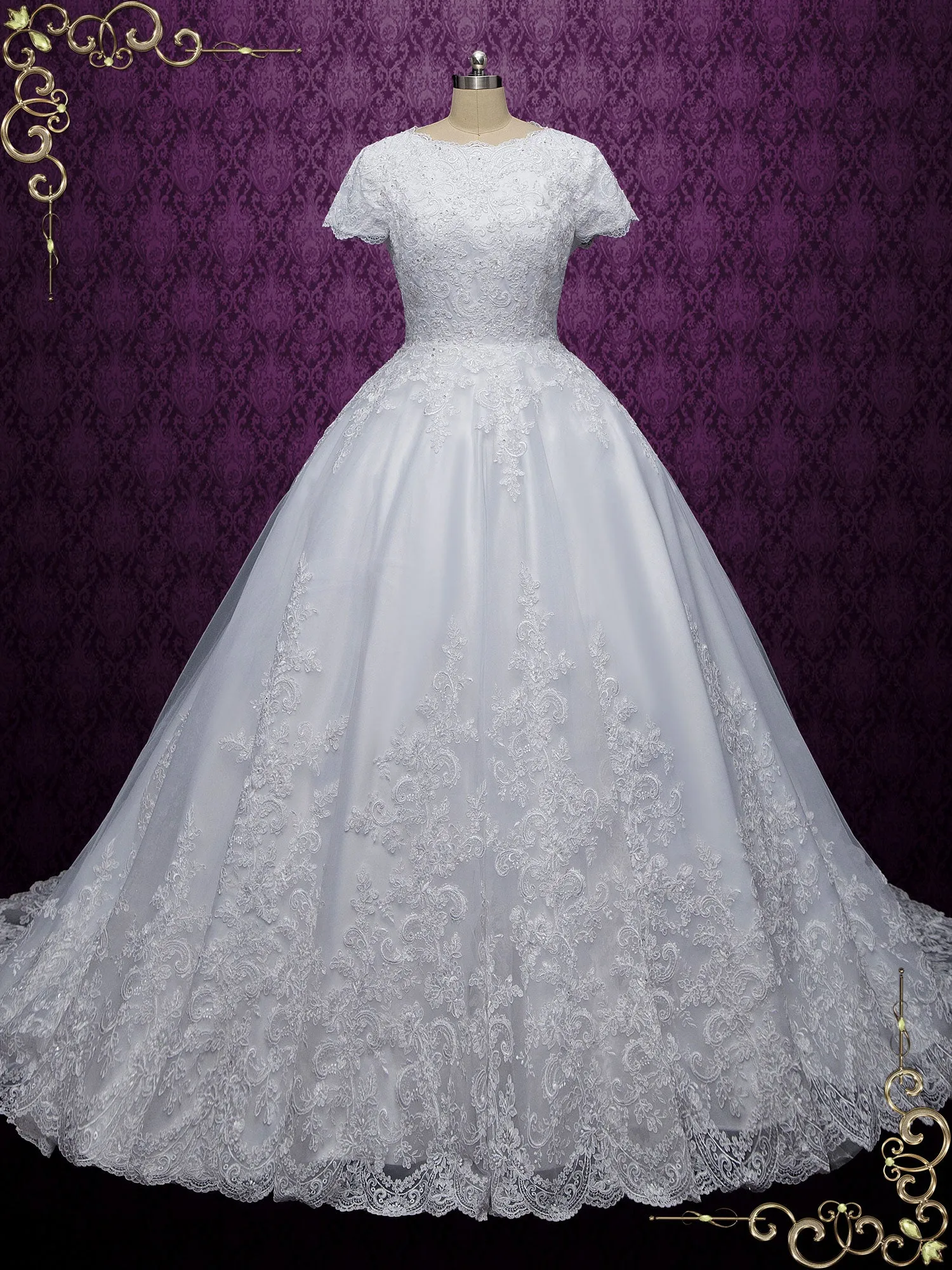 Modest Short Sleeves Lace Ball Gown Wedding Dress JOSEFINA