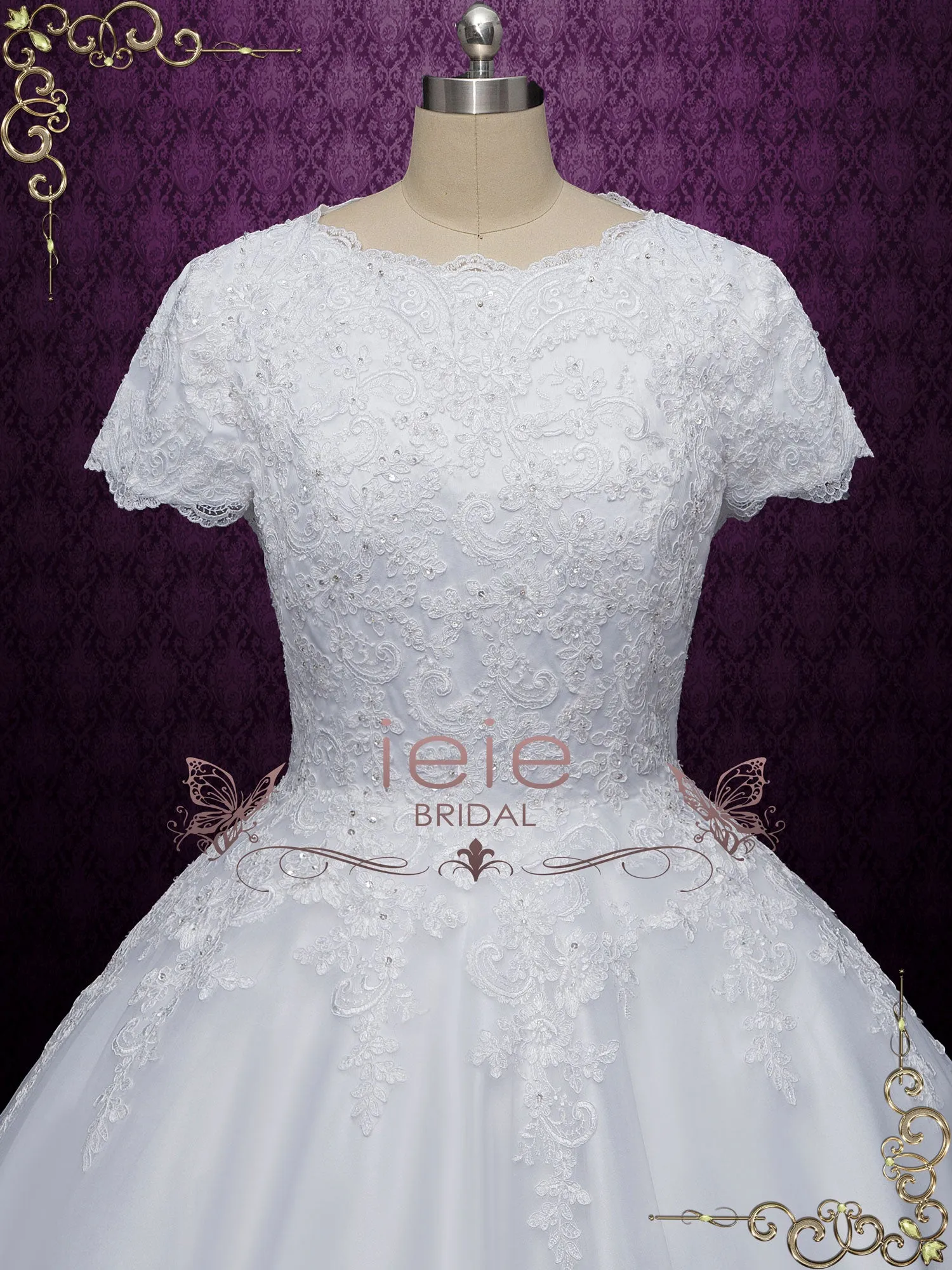 Modest Short Sleeves Lace Ball Gown Wedding Dress JOSEFINA