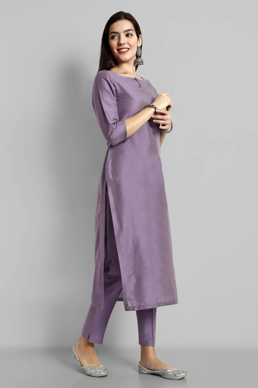 Mouve Cotton Silk Boat Neck Key Hole Kurta