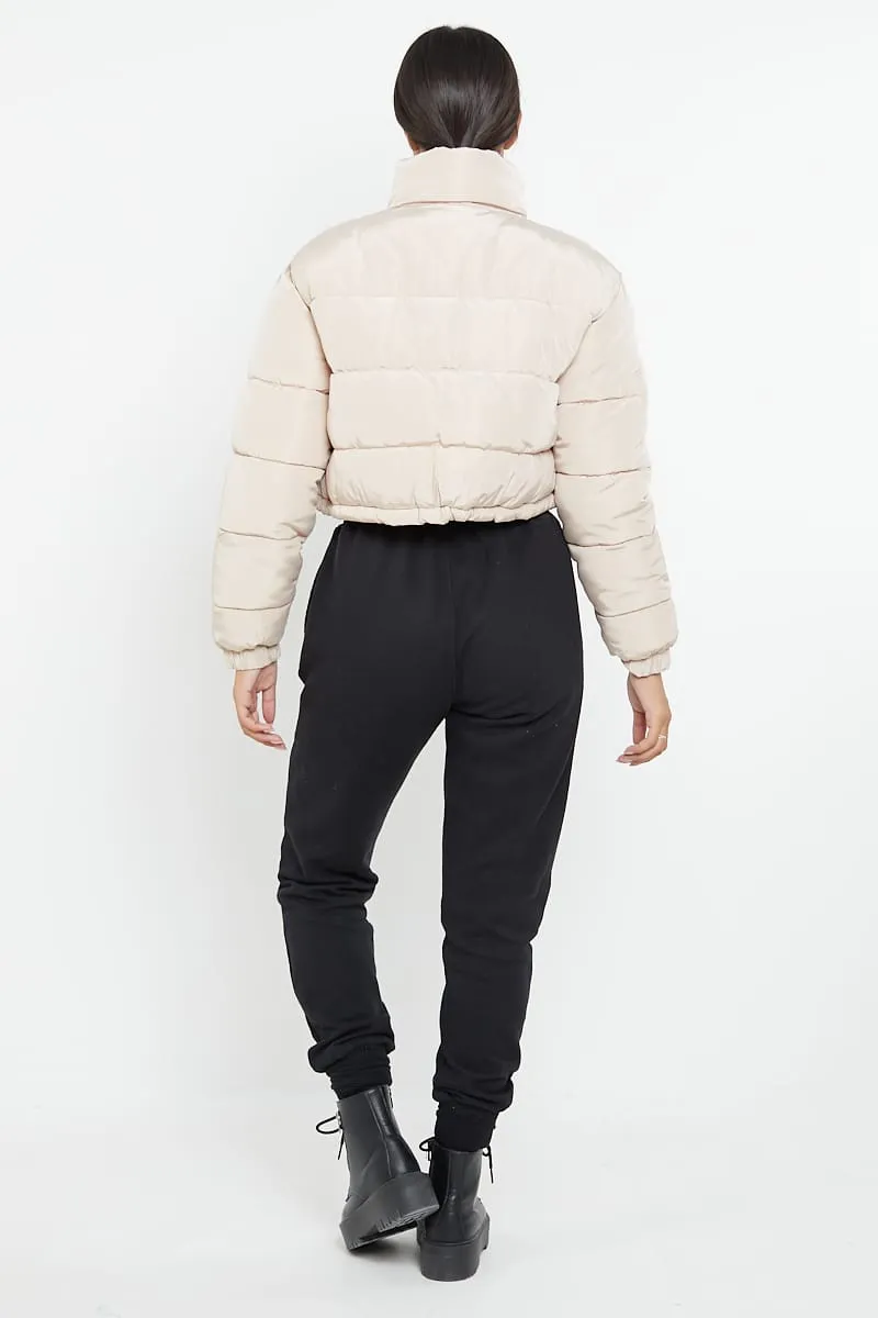 PADDED CROP PUFFER JACKET- BEIGE