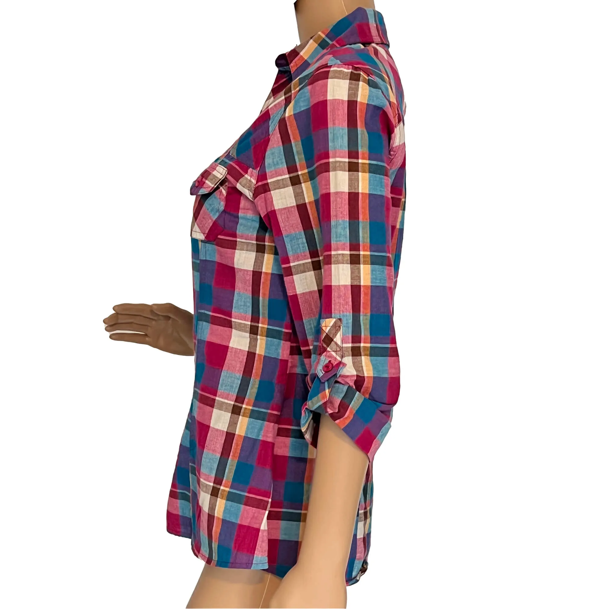 Passport Multicolor Plaid Long Sleeve Button Front Shirt, Blouse - Size M