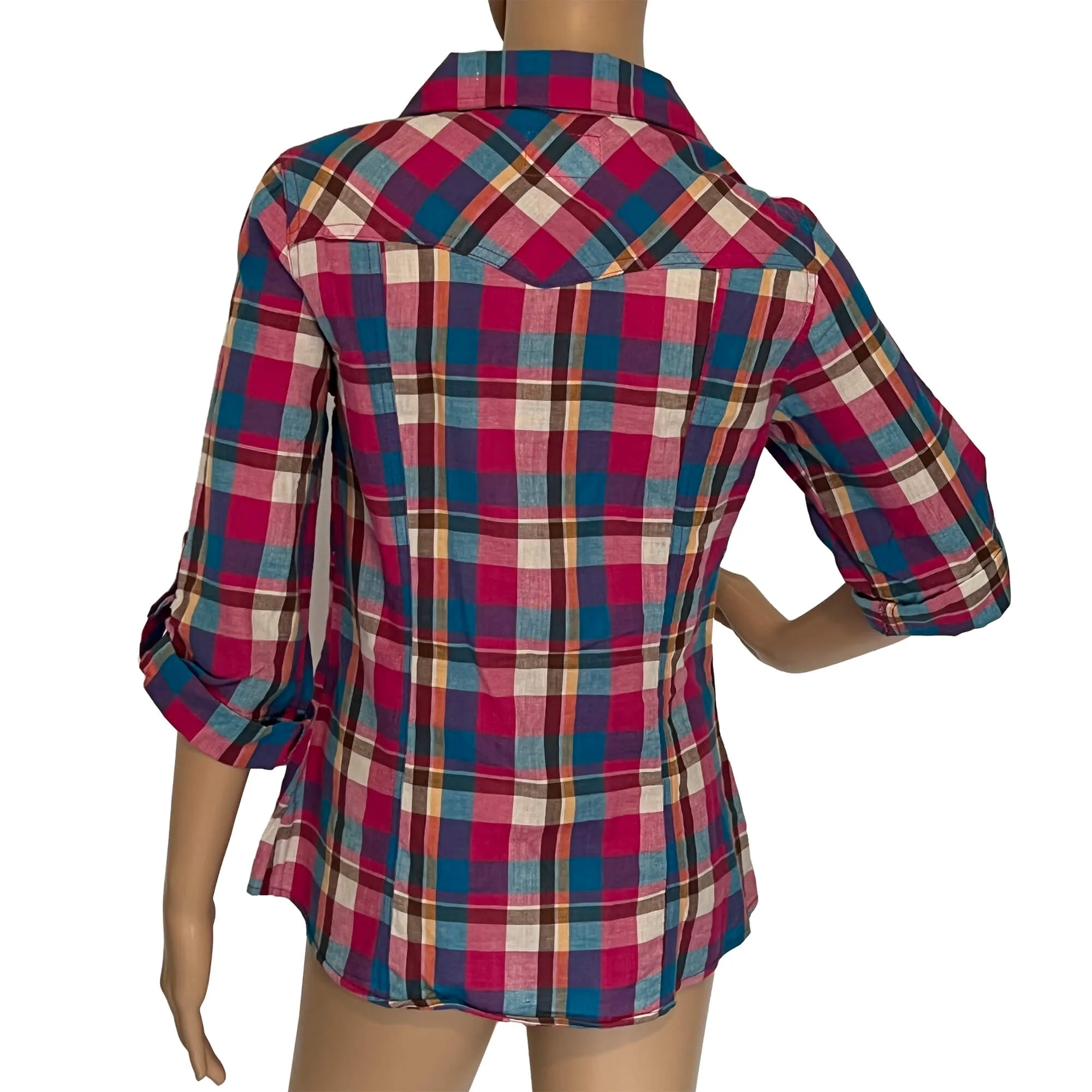 Passport Multicolor Plaid Long Sleeve Button Front Shirt, Blouse - Size M