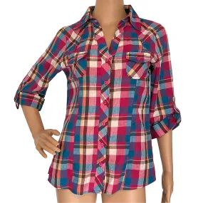 Passport Multicolor Plaid Long Sleeve Button Front Shirt, Blouse - Size M