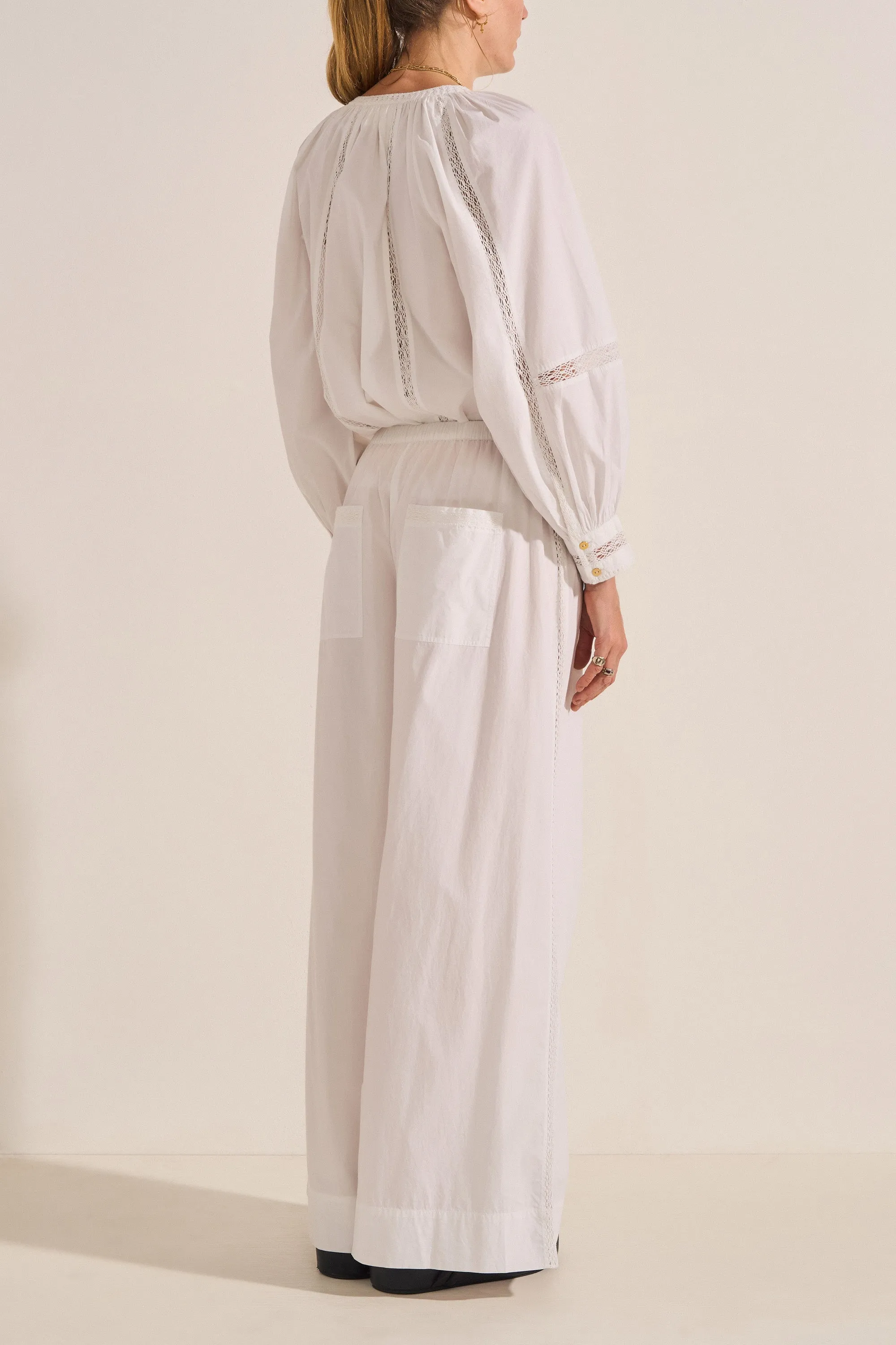 Pelias White Crochet Poplin Pants