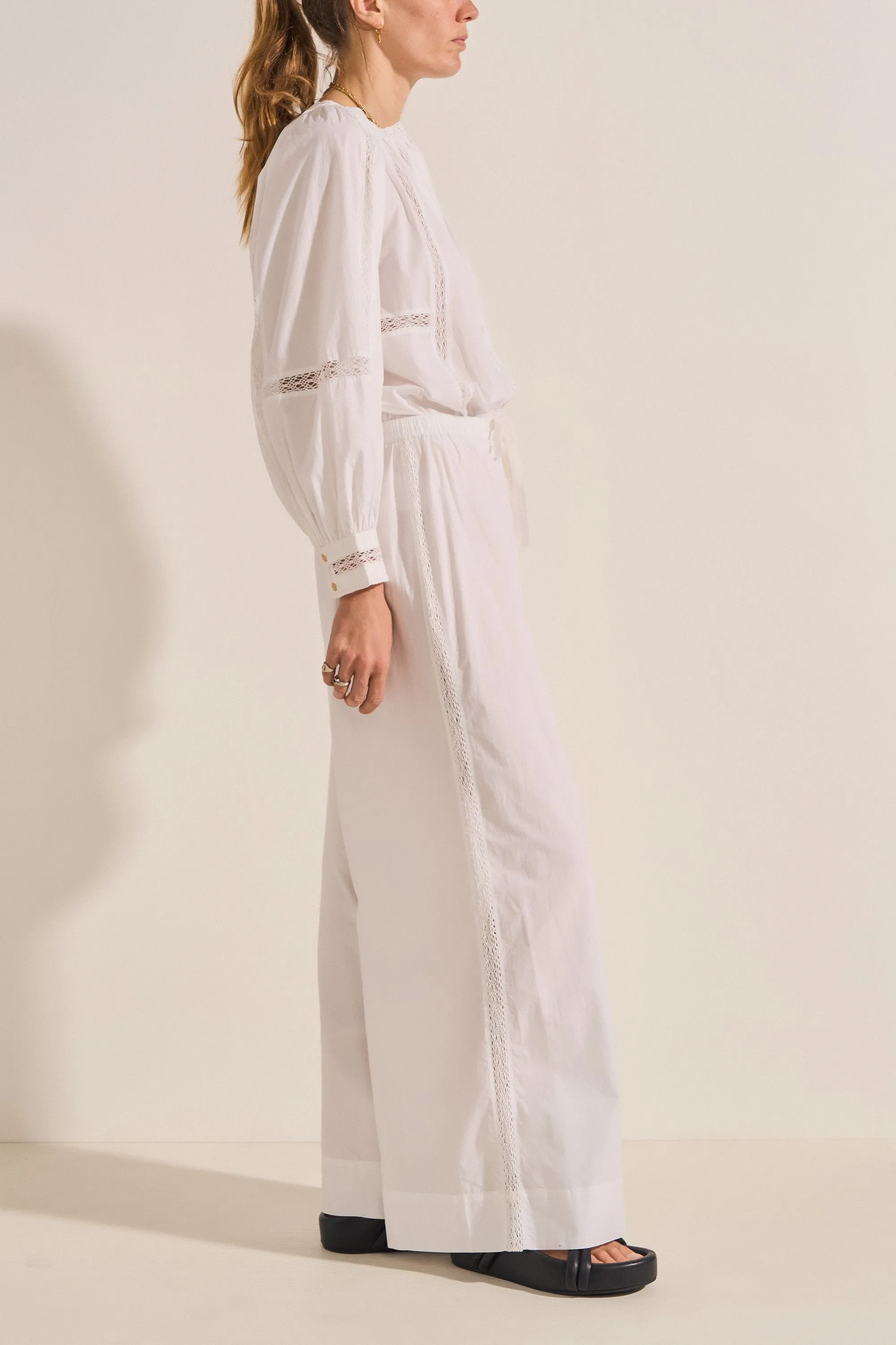 Pelias White Crochet Poplin Pants