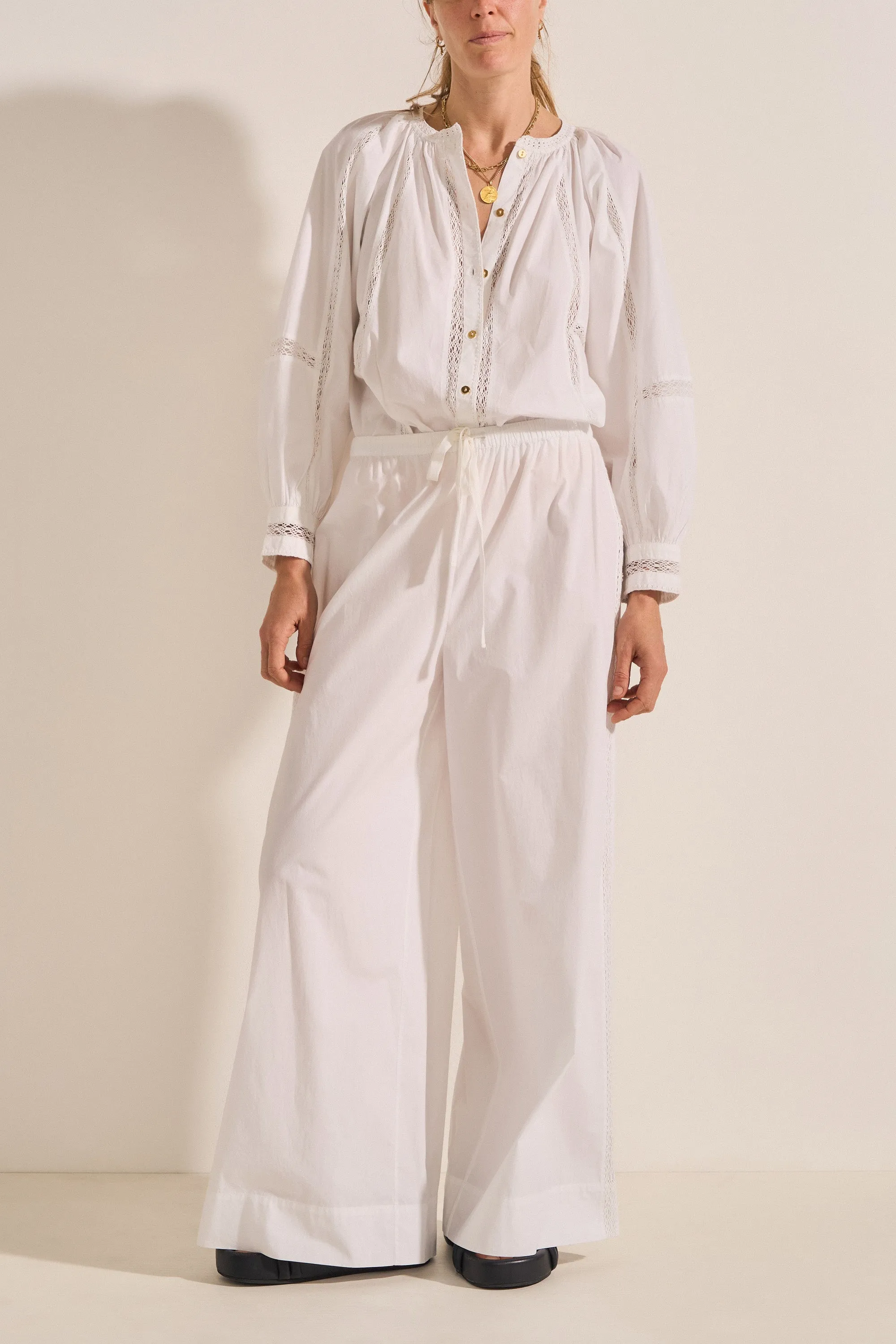 Pelias White Crochet Poplin Pants