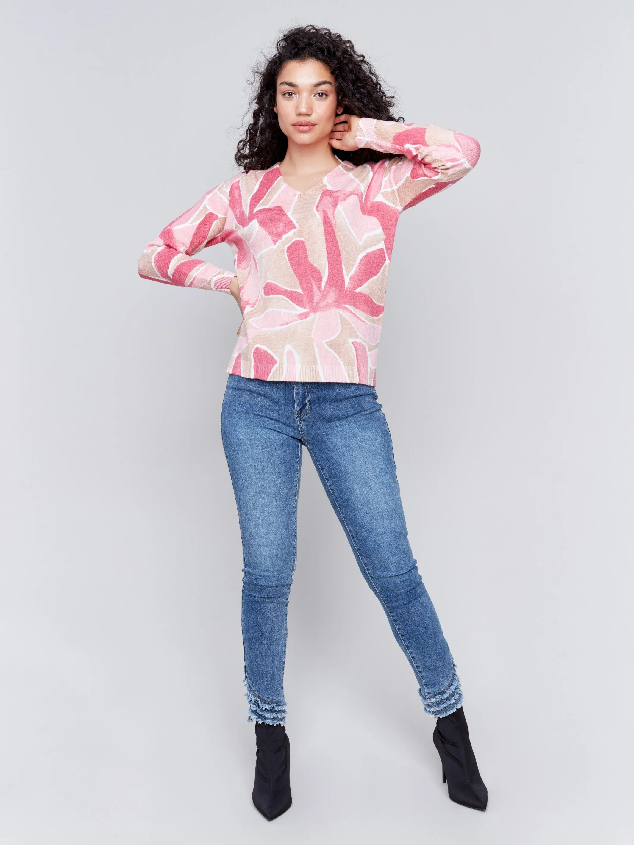 Printed Plush Knit V-Neck Sweater - Raspberry