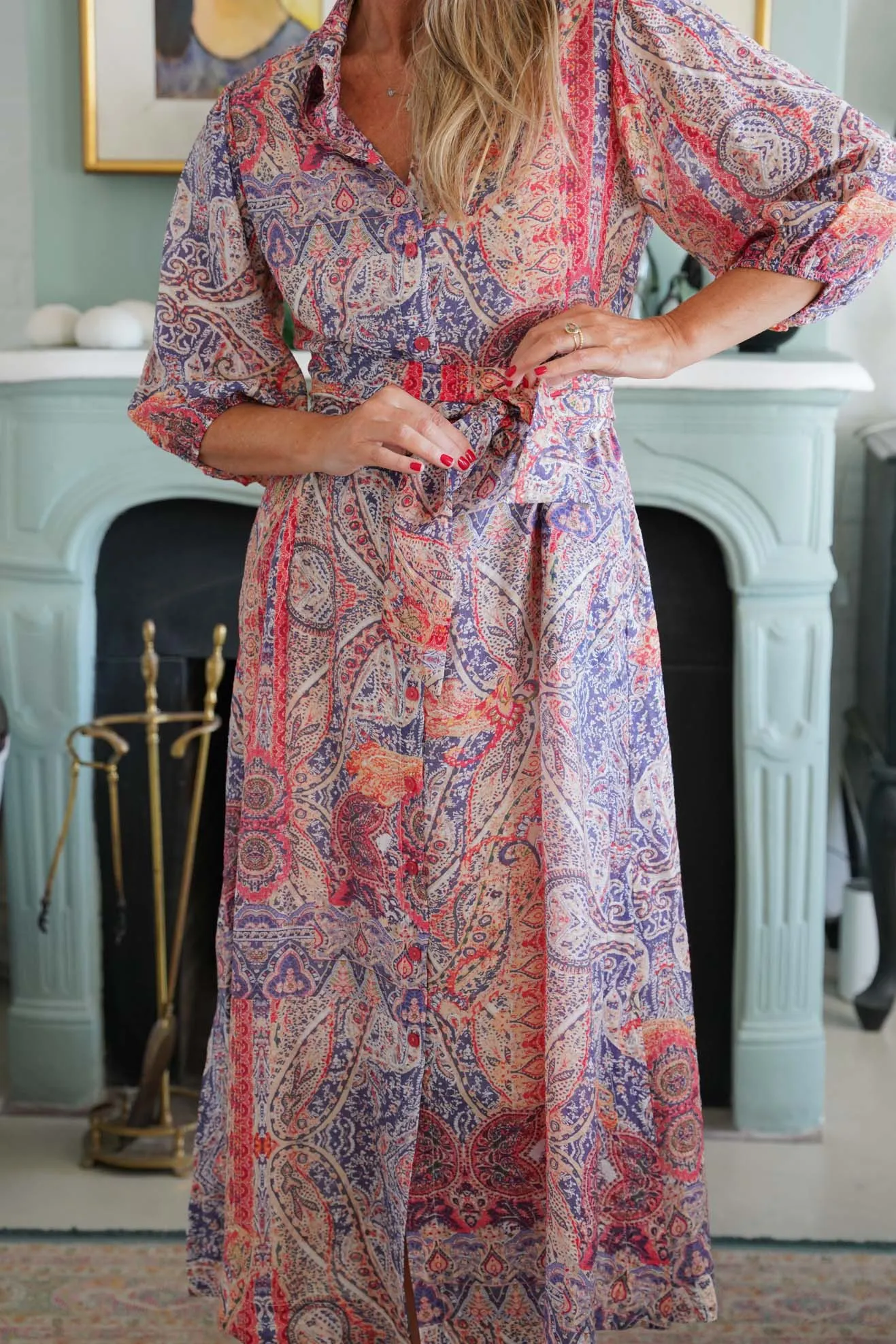 Red & Navy Paisley Bell Sleeve Runway Dress