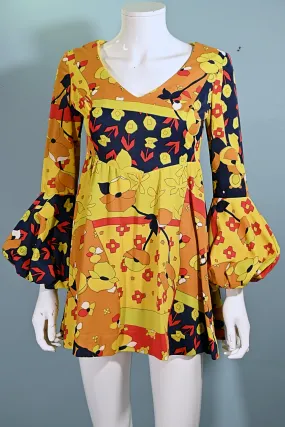 SOLD Vintage 60s Micro Mini Dress, Balloon Sleeves Psychedelic Print GOGO Dress XS