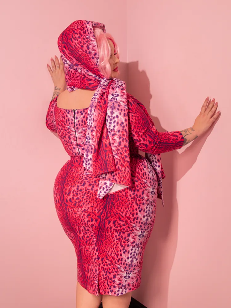 Starlet Wiggle Dress and Scarf in Pink Leopard Print - Vixen by Micheline Pitt