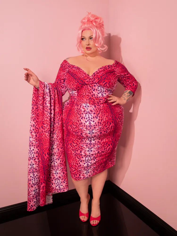 Starlet Wiggle Dress and Scarf in Pink Leopard Print - Vixen by Micheline Pitt