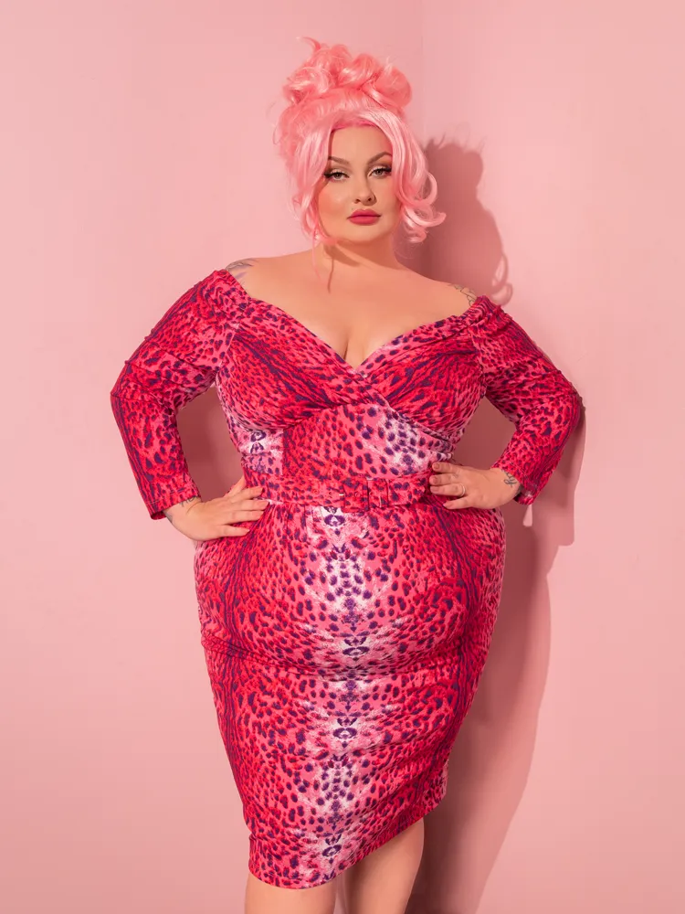 Starlet Wiggle Dress and Scarf in Pink Leopard Print - Vixen by Micheline Pitt