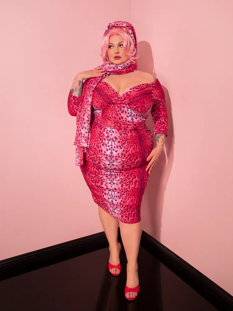 Starlet Wiggle Dress and Scarf in Pink Leopard Print - Vixen by Micheline Pitt