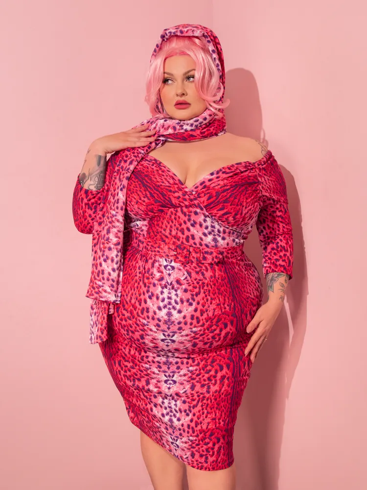 Starlet Wiggle Dress and Scarf in Pink Leopard Print - Vixen by Micheline Pitt