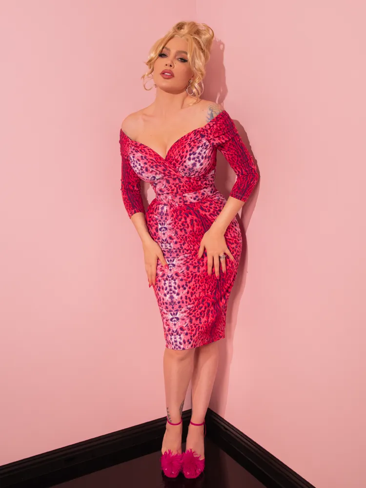 Starlet Wiggle Dress and Scarf in Pink Leopard Print - Vixen by Micheline Pitt