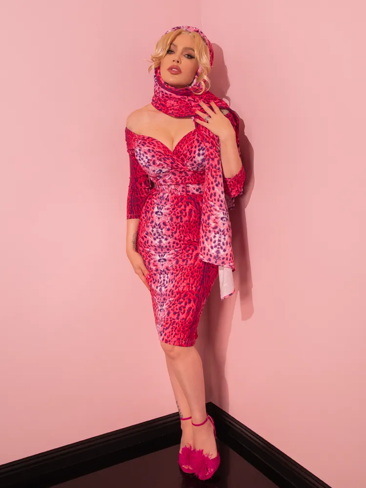 Starlet Wiggle Dress and Scarf in Pink Leopard Print - Vixen by Micheline Pitt