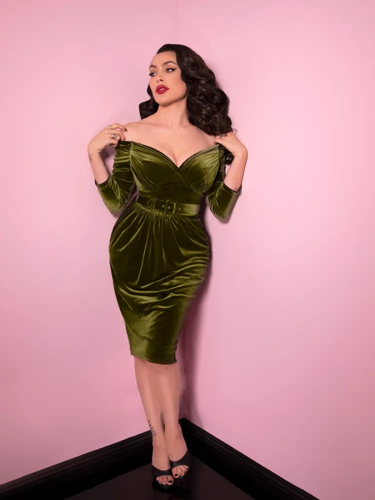 Starlet Wiggle Dress in Olive Green Velvet - Vixen by Micheline Pitt