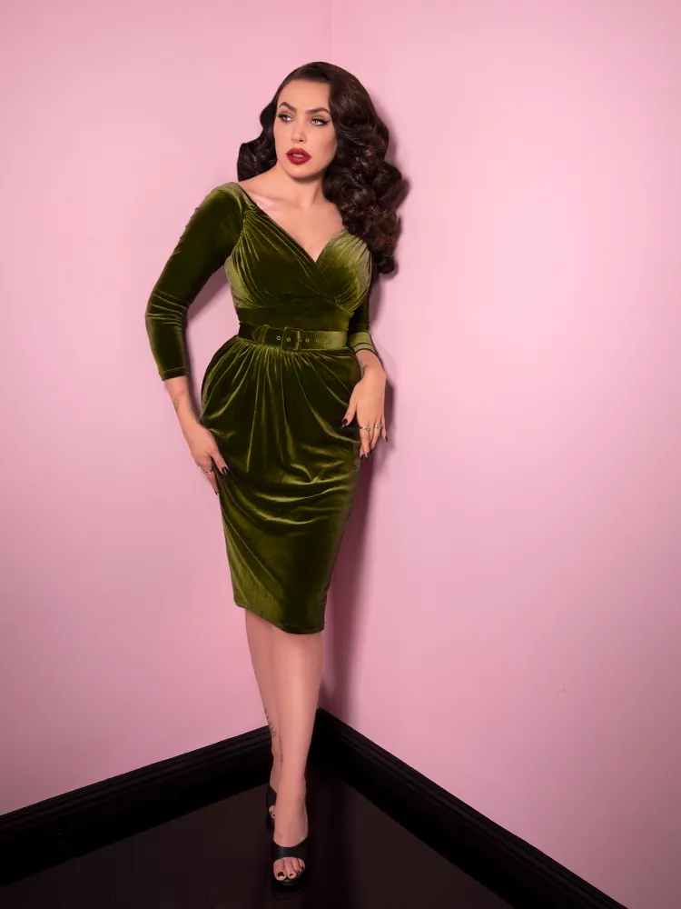 Starlet Wiggle Dress in Olive Green Velvet - Vixen by Micheline Pitt