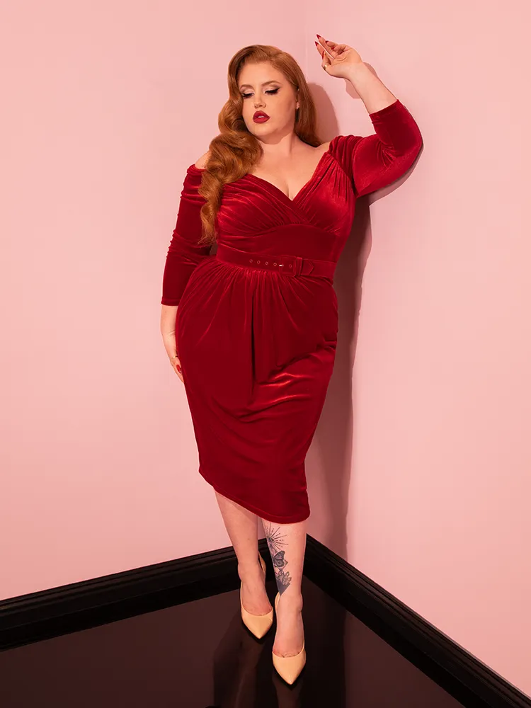 Starlet Wiggle Dress in Ruby Red Velvet - Vixen by Micheline Pitt