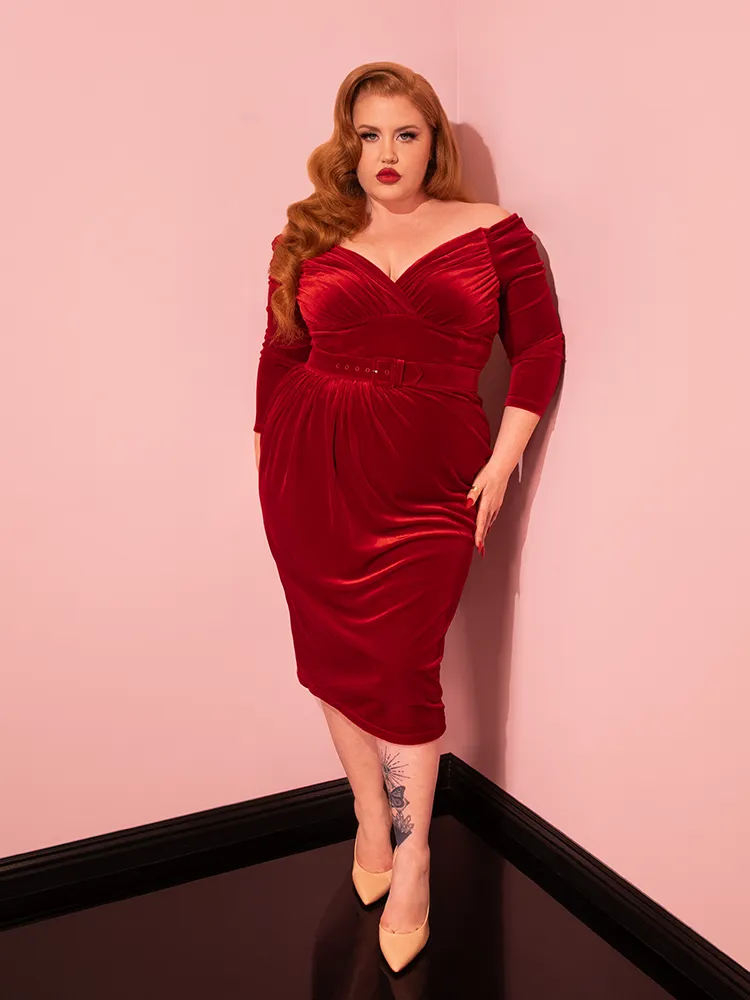 Starlet Wiggle Dress in Ruby Red Velvet - Vixen by Micheline Pitt